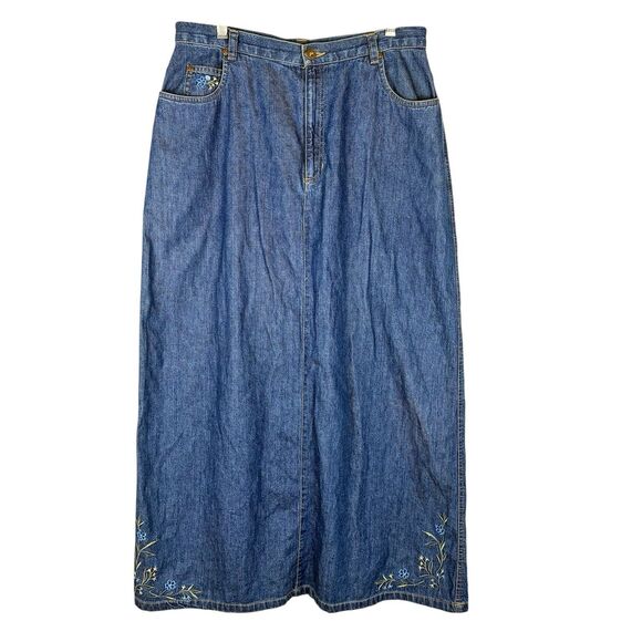 Vintage Denim Maxi Skirt Sz 14 L Embroidered Florals Modest Prairie Liz Claiborn - Picture 1 of 9